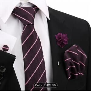 Men’s Silk Coordinated Tie Set - Deep Purple with Pink Stripes